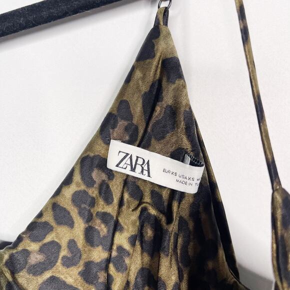 Zara XSmall XS Green Black Leopard Print Slip Mini Dress Cinched VNeck Animal - Picture 8 of 11